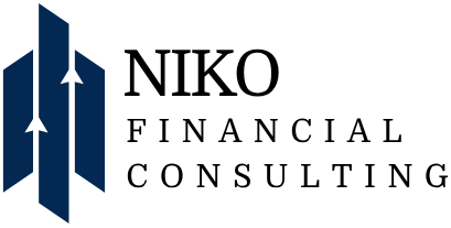 Niko Financial Consulting logo featuring three blue geometric shapes with upward arrows next to the company name in black text.
